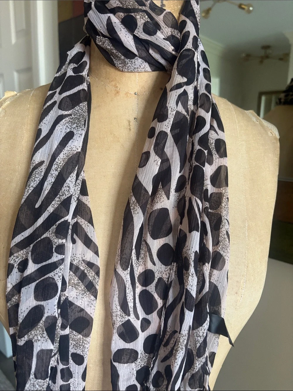 Lightweight Black and White Animal Print Scarf
